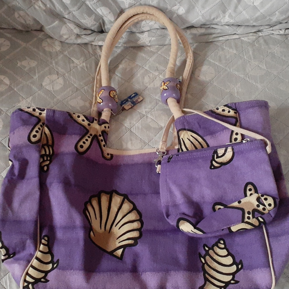 Purple Seashell Print Tote Bag with Matching Pouch